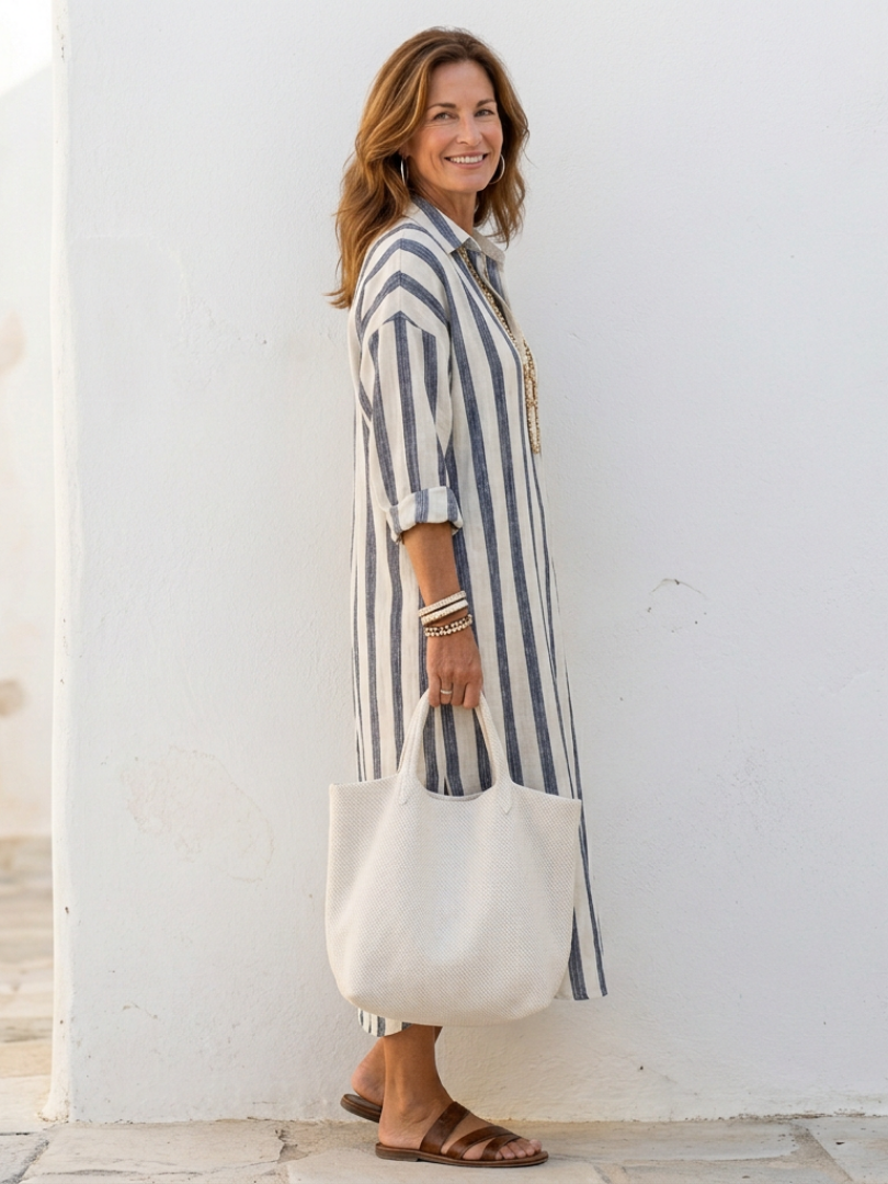 Striped Long Sleeve Midi Shirt Dress
