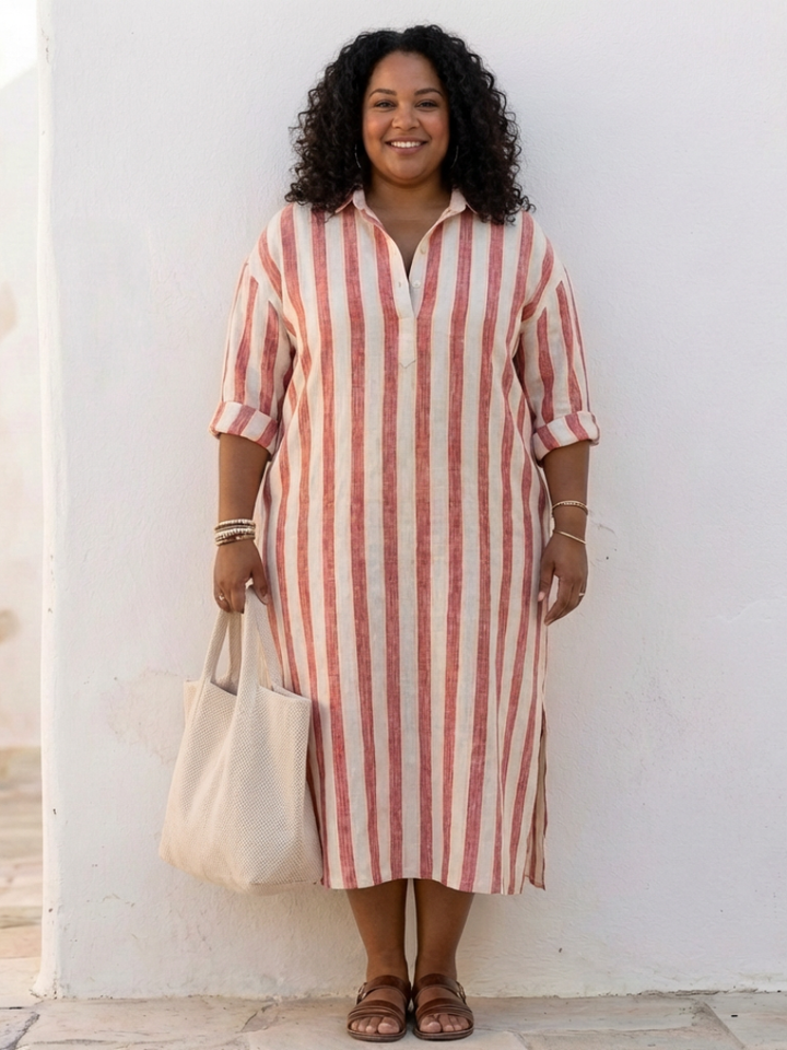 Striped Long Sleeve Midi Shirt Dress