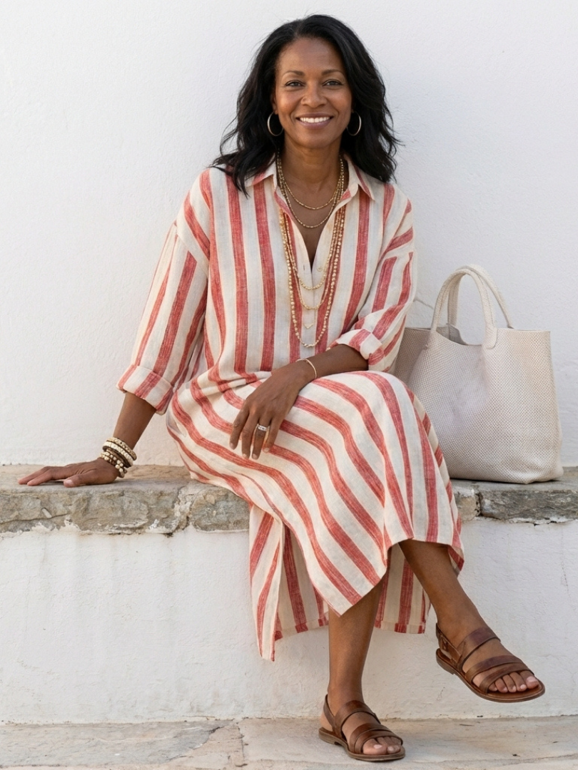 Striped Long Sleeve Midi Shirt Dress