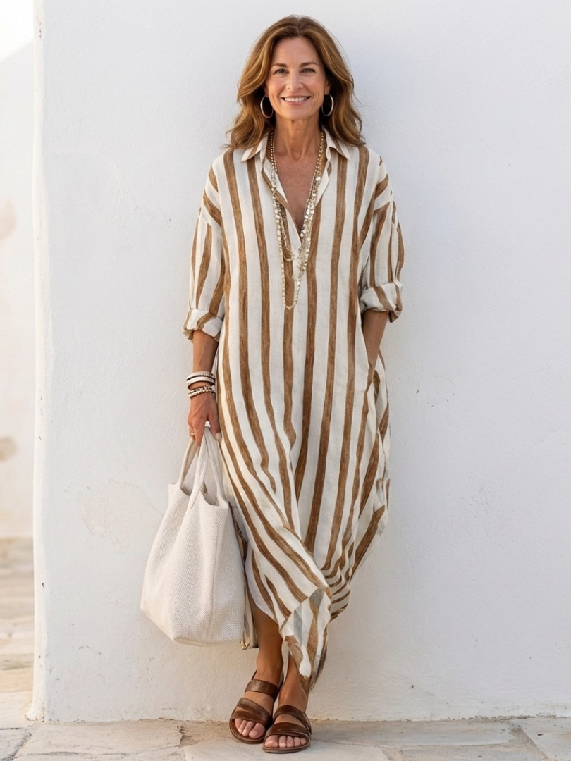 Striped Long Sleeve Midi Shirt Dress
