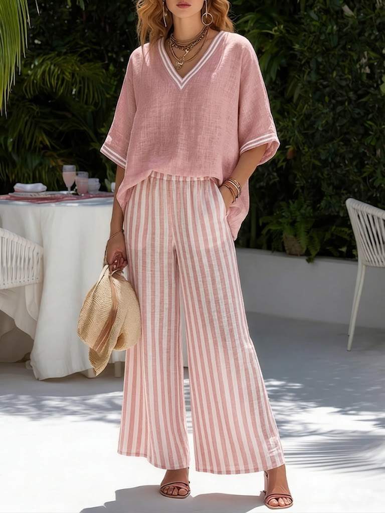 Striped V-Neck Wide-Leg Pants Set