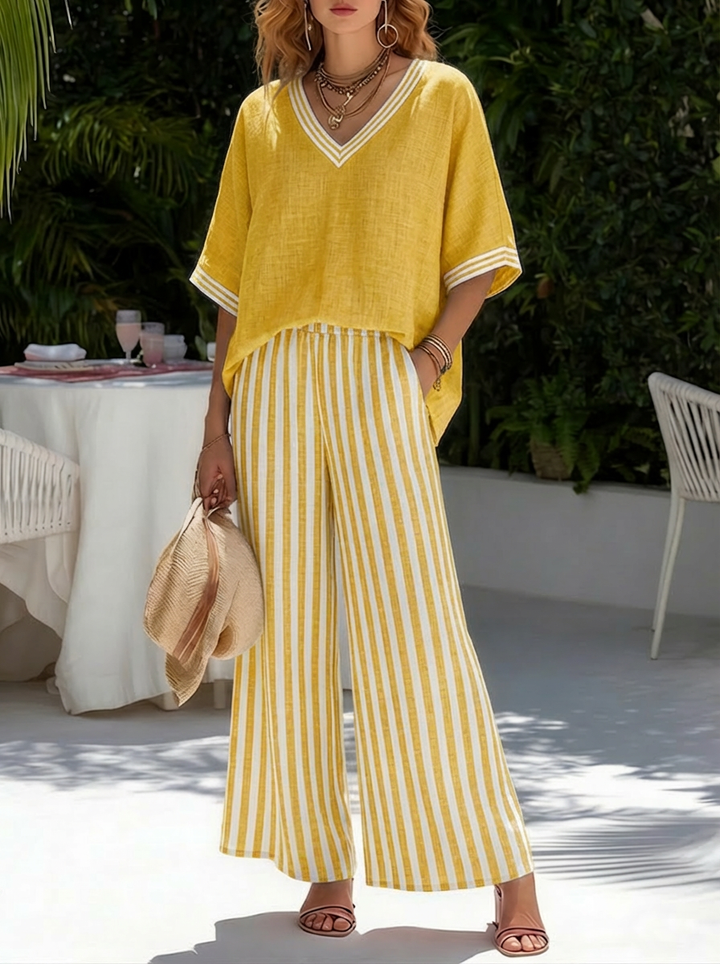Striped V-Neck Wide-Leg Pants Set