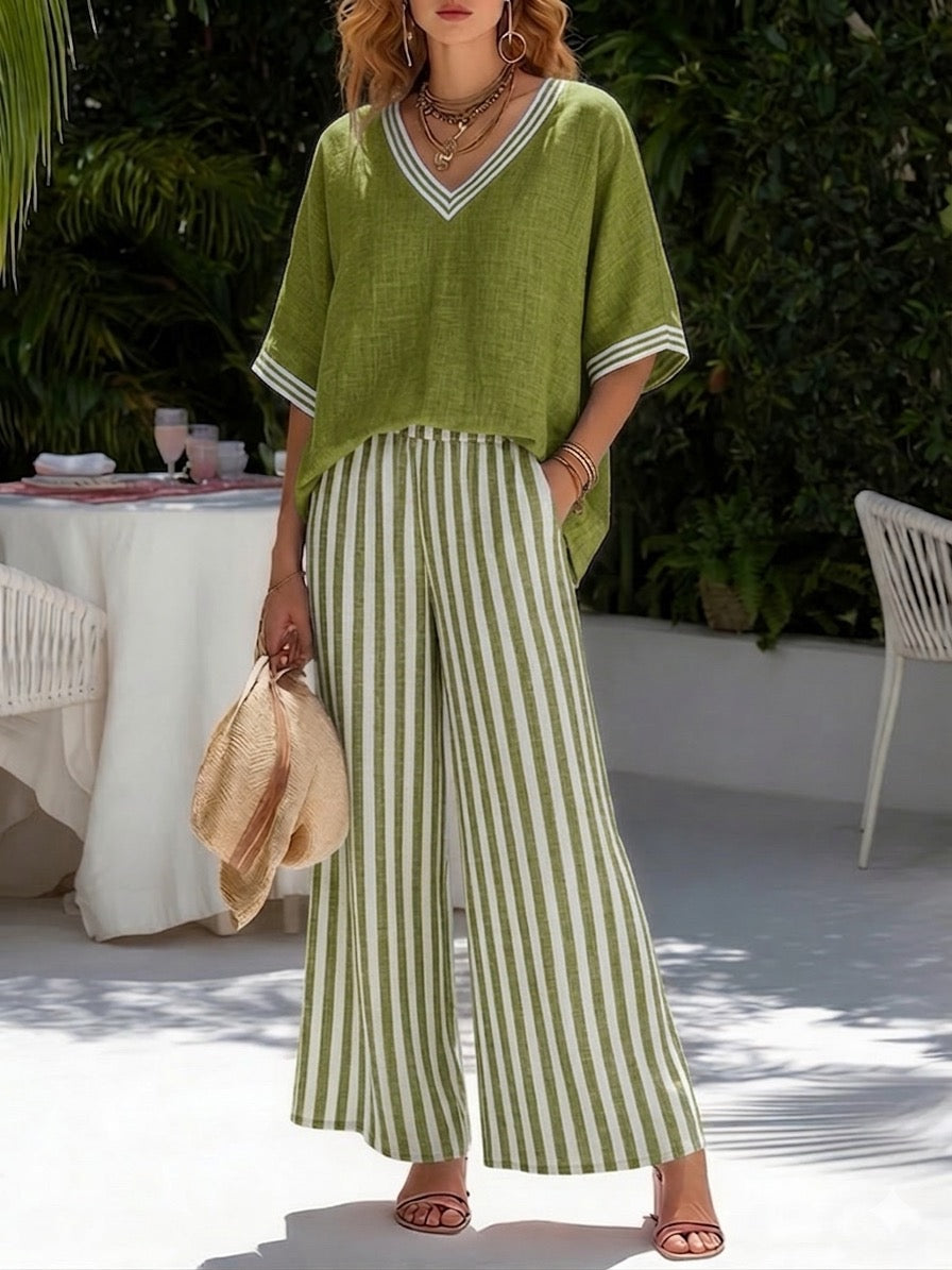 Striped V-Neck Wide-Leg Pants Set