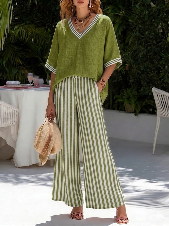 Striped V-Neck Wide-Leg Pants Set