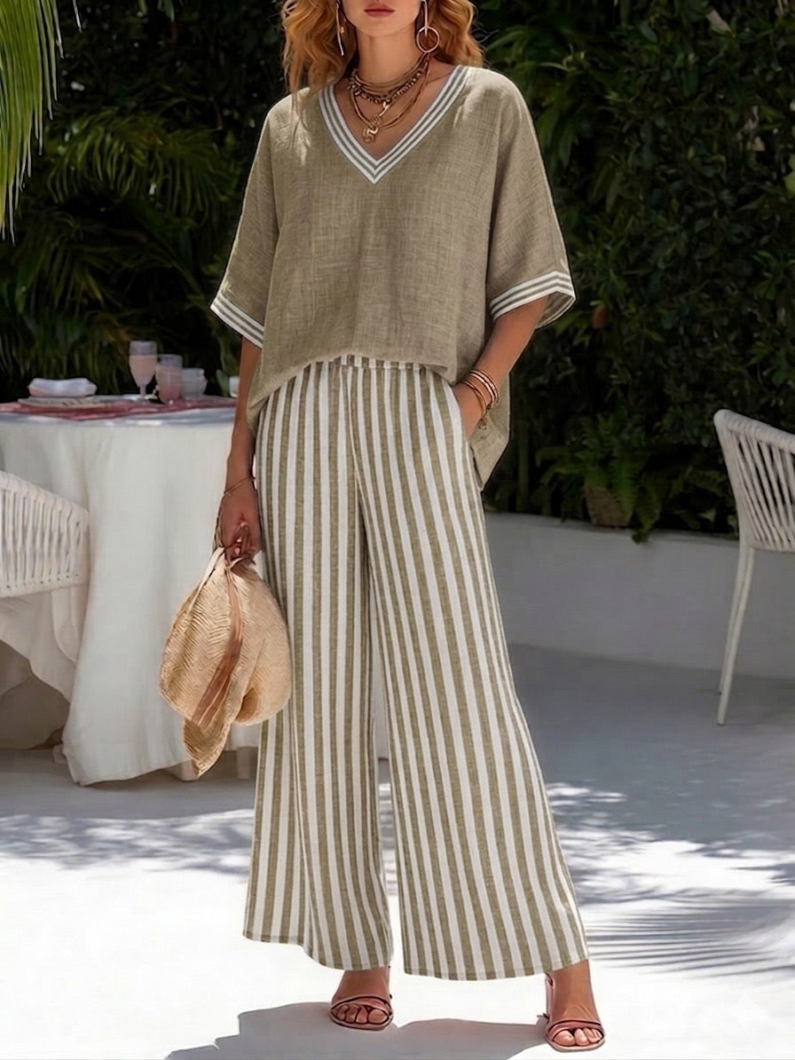 Striped V-Neck Wide-Leg Pants Set