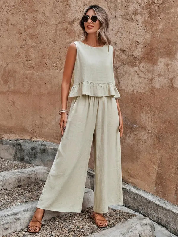 Sleeveless Ruffle Top and Wide-Leg Pants Set