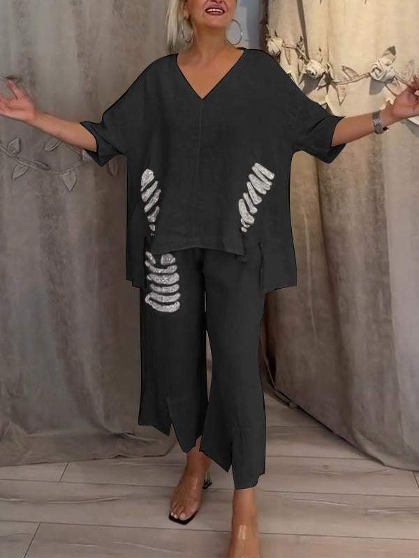 Conjunto de blusa con escote en V y pantalones cortos