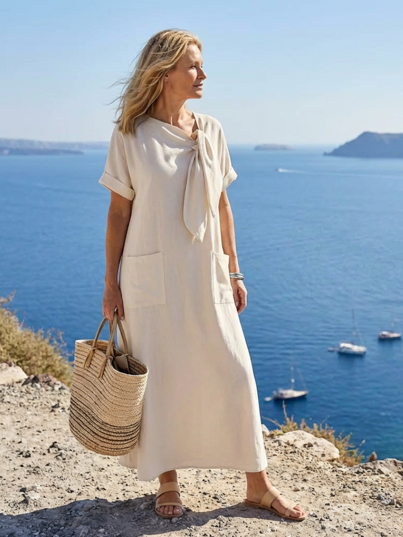 Vestido maxi con bolsillo y cuello redondo