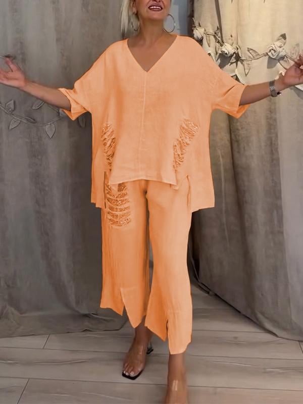Conjunto de blusa con escote en V y pantalones cortos