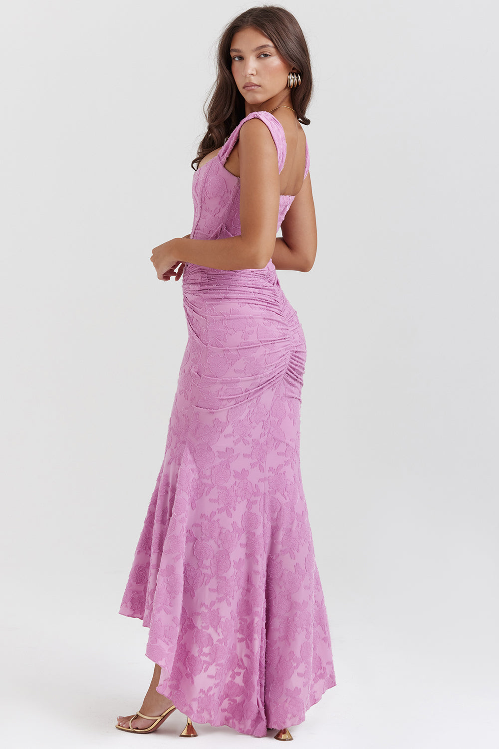 Lace Ruched Bodycon Maxi Dress for Evening Weddings