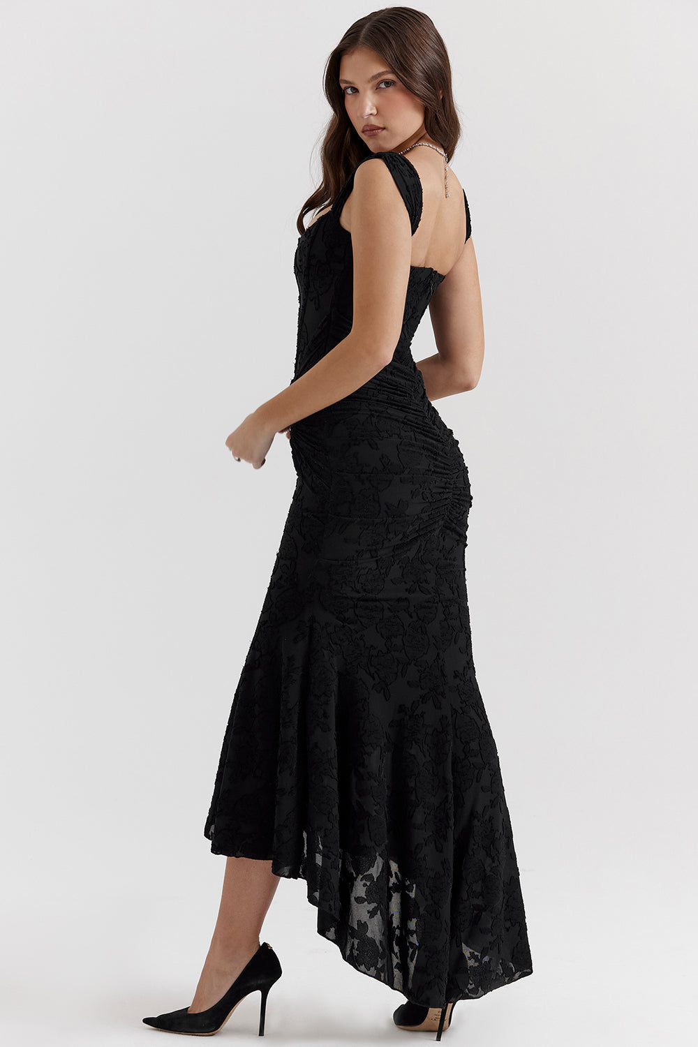 Lace Ruched Bodycon Maxi Dress for Evening Weddings