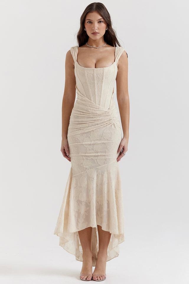 Lace Ruched Bodycon Maxi Dress for Evening Weddings
