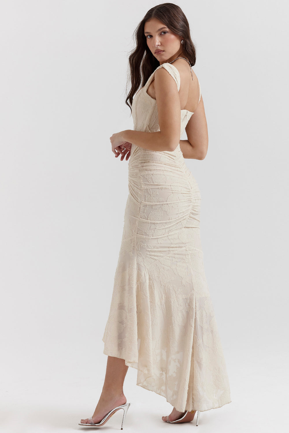 Lace Ruched Bodycon Maxi Dress for Evening Weddings