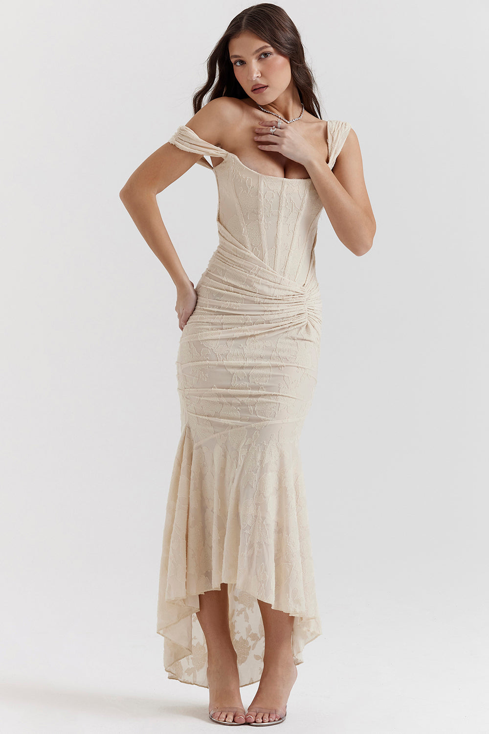 Lace Ruched Bodycon Maxi Dress for Evening Weddings
