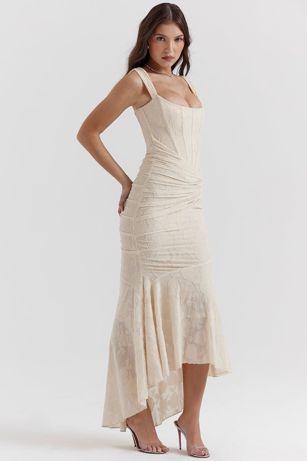 Lace Ruched Bodycon Maxi Dress for Evening Weddings