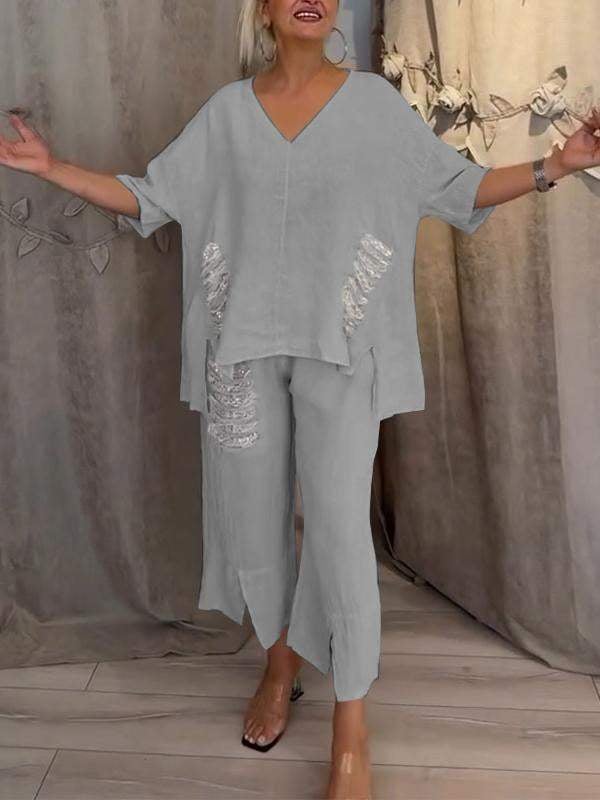 Conjunto de blusa con escote en V y pantalones cortos