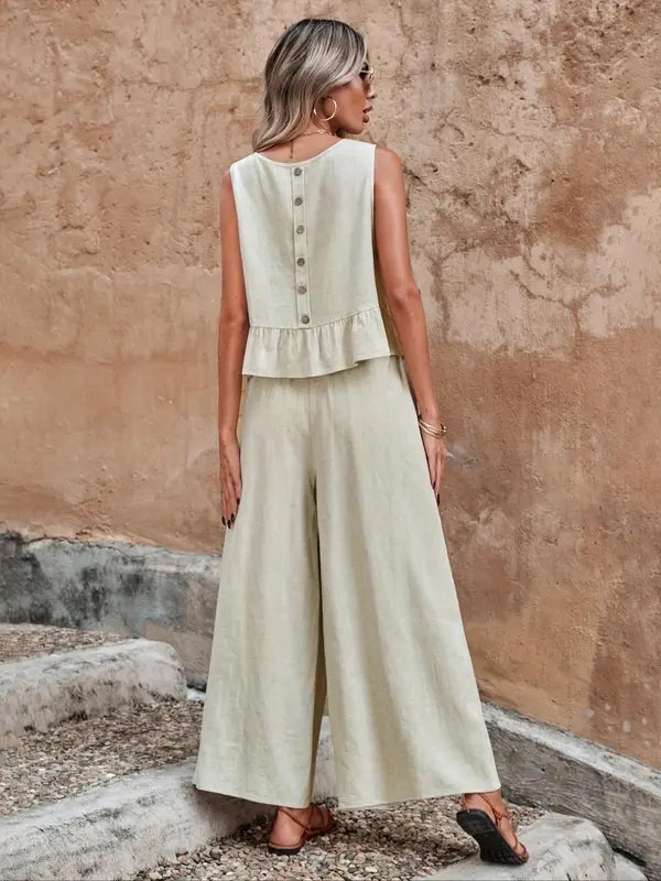 Sleeveless Ruffle Top and Wide-Leg Pants Set