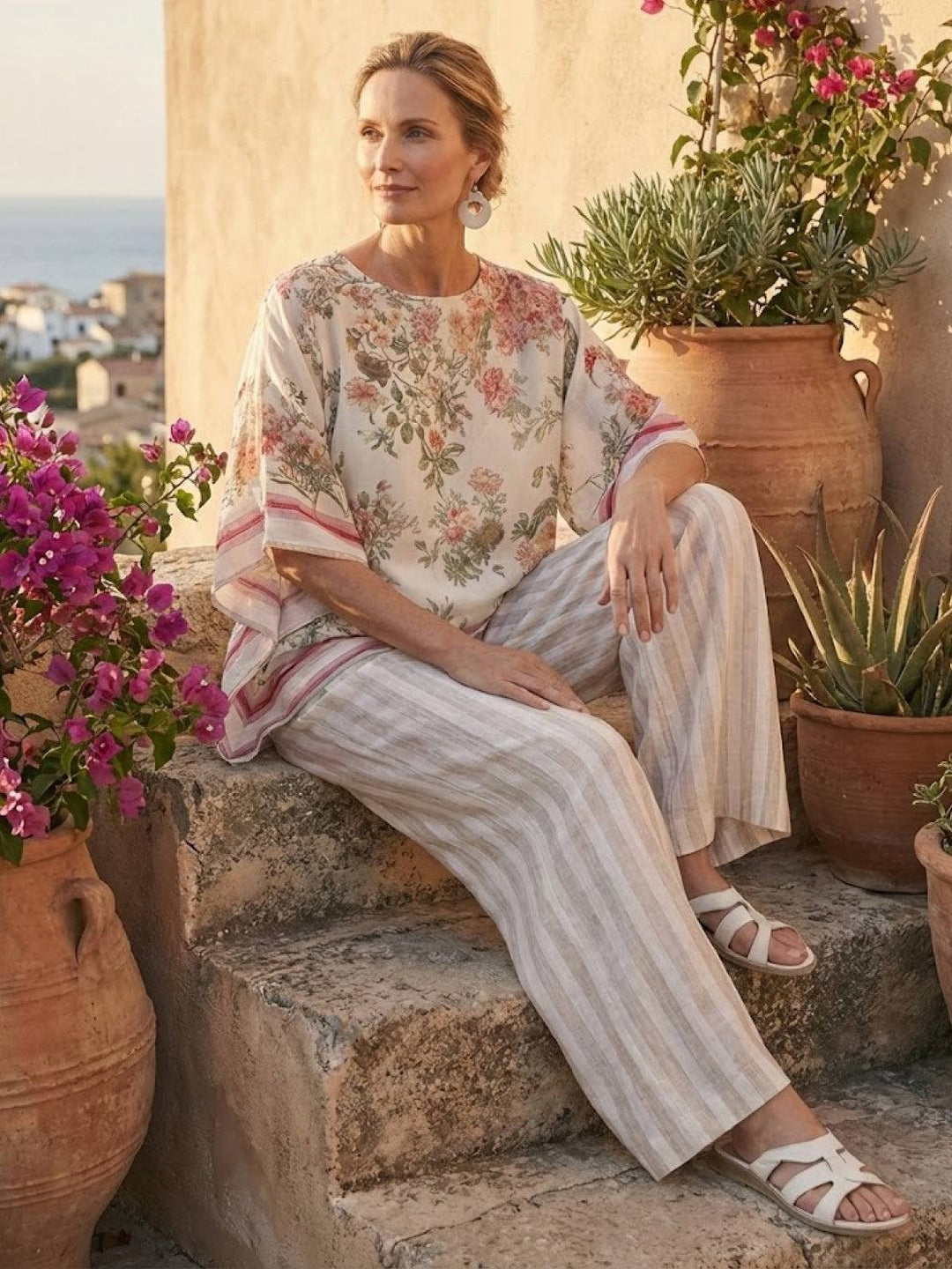 Conjunto de camiseta a rayas y pantalones de pierna ancha