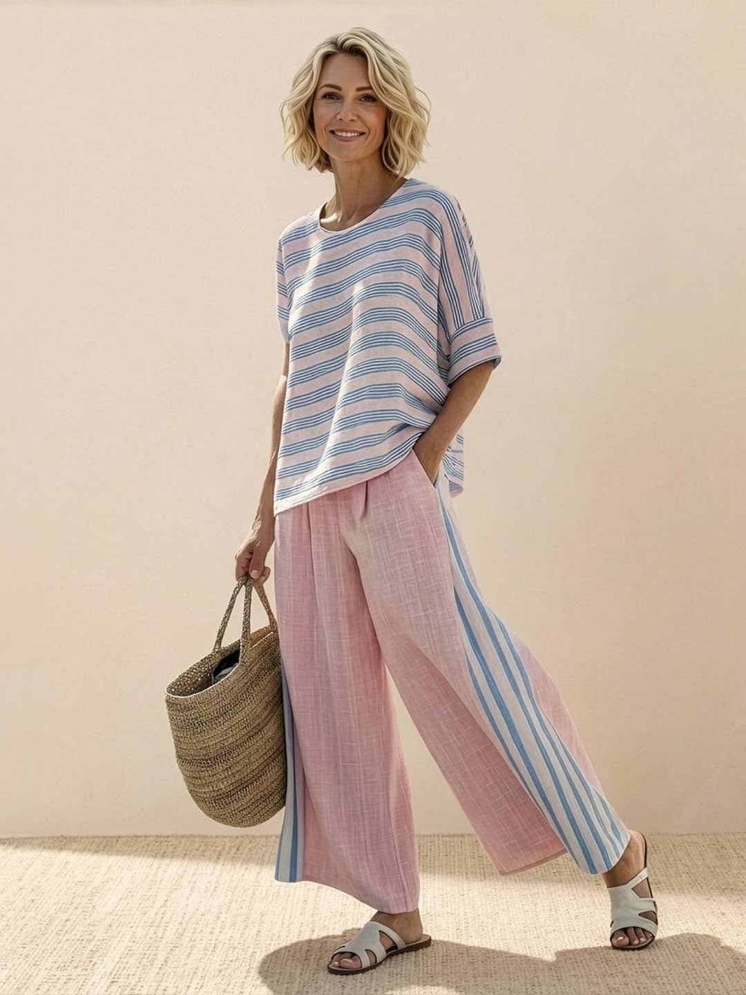 Conjunto de camiseta a rayas y pantalones de pierna ancha