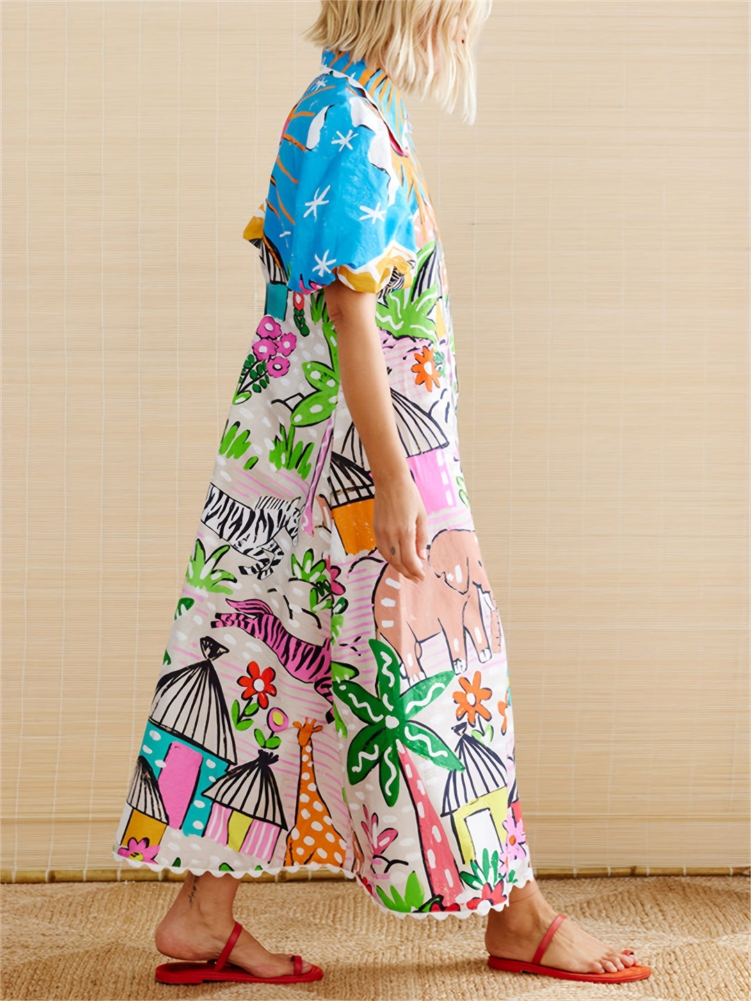 Abito estivo midi tropicale da spiaggia con scollo a rever per donna