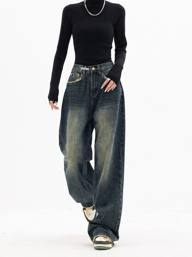 Jeans anchos modernos de pierna ancha para mujer con ajuste de talle alto