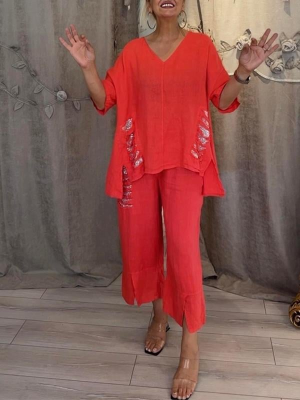 Conjunto de blusa con escote en V y pantalones cortos