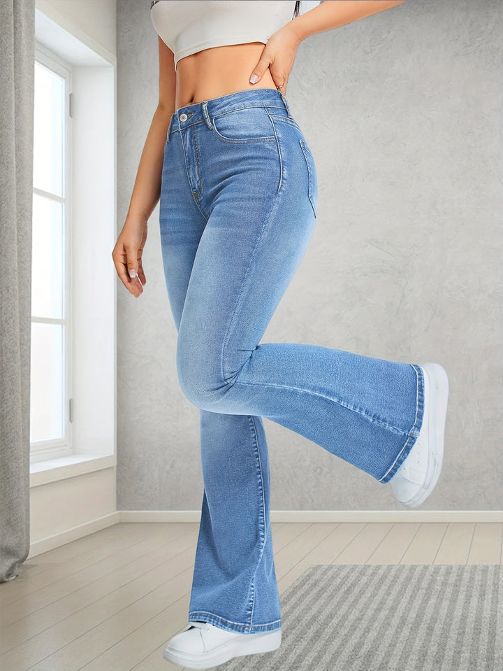 Jeans casuales de mujer de mezclilla de tiro alto y color sólido acampanados