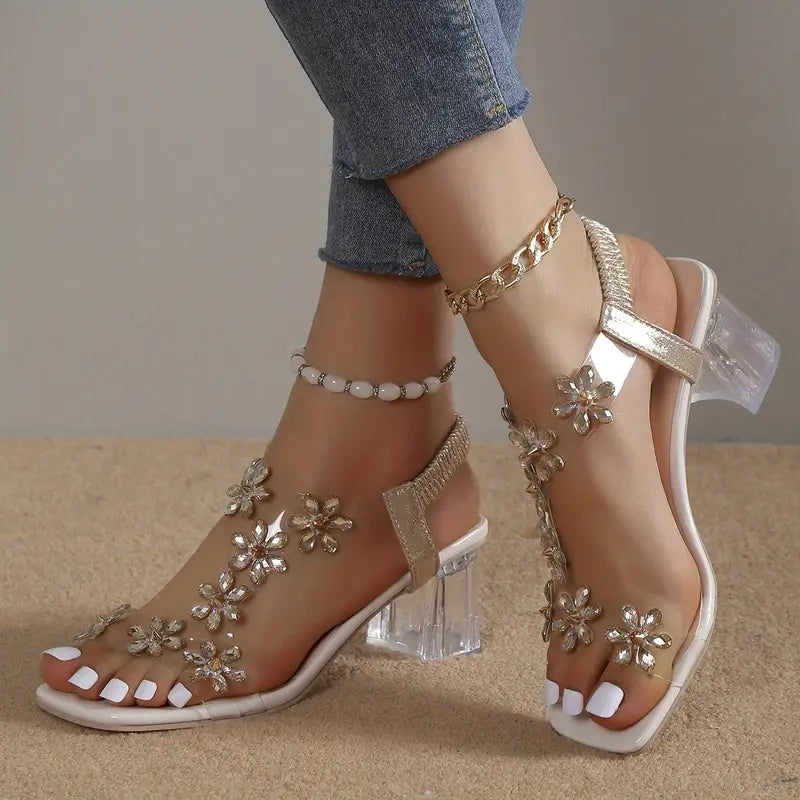 Rhinestone Block Heel Sandals