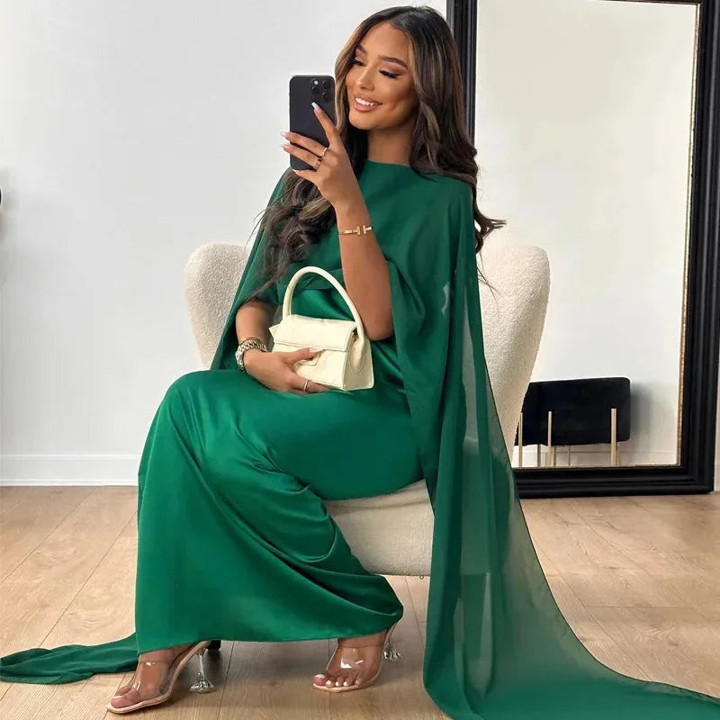 Vestido largo de capa cautivadora y formal para invitadas de boda que destacan