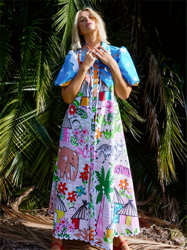 Abito estivo midi tropicale da spiaggia con scollo a rever per donna
