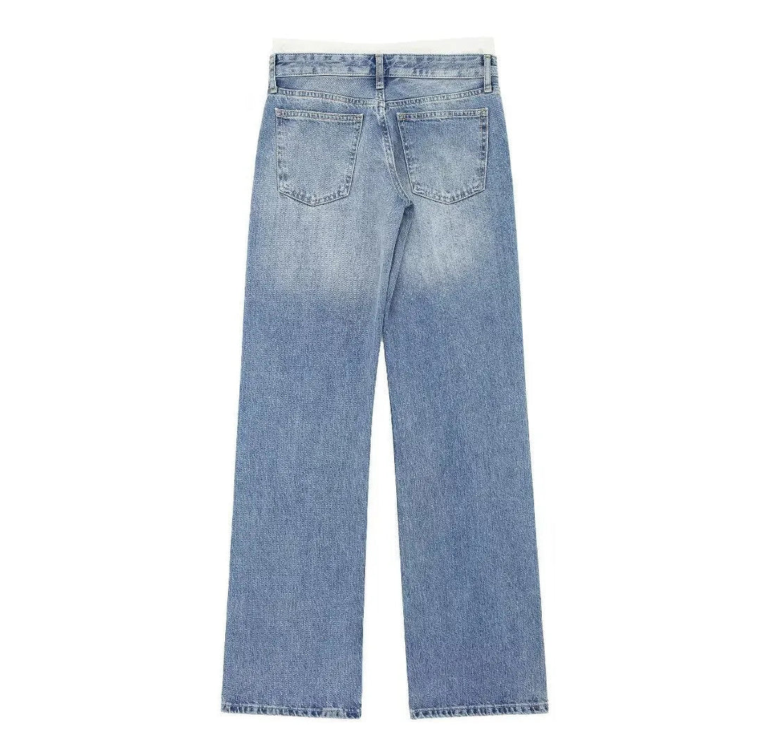 Jeans clásicos y elegantes de mujer de tiro medio con pierna recta y cordones