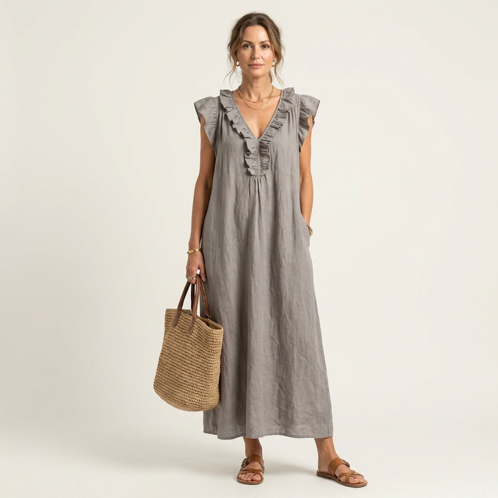 Vestido largo de lino con escote en V y volantes