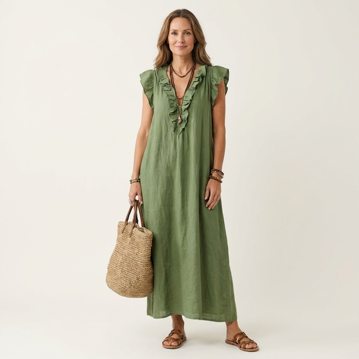 Vestido largo de lino con escote en V y volantes