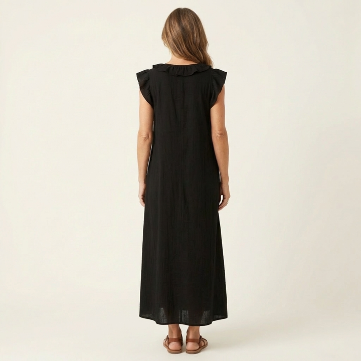 Vestido largo de lino con escote en V y volantes