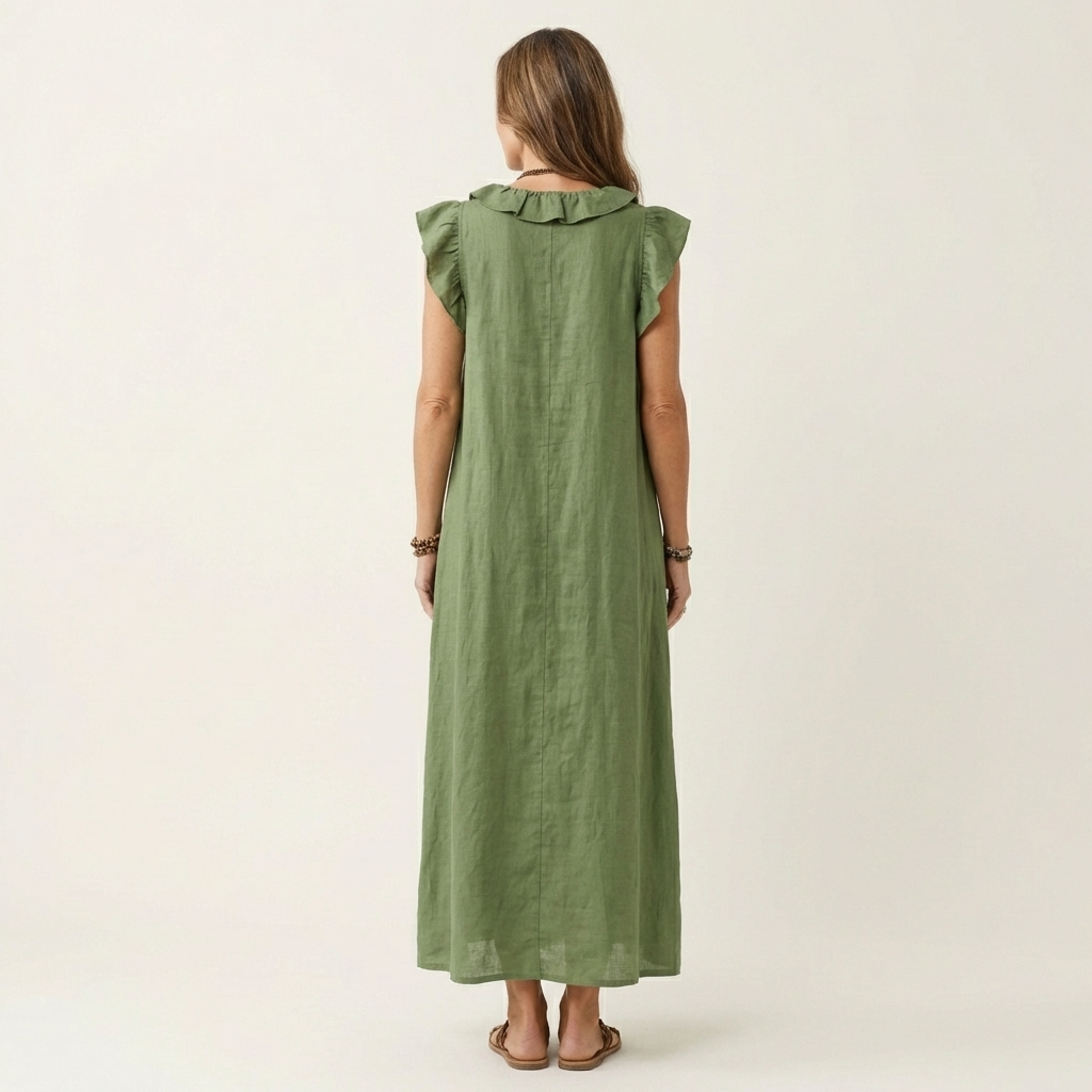 Vestido largo de lino con escote en V y volantes