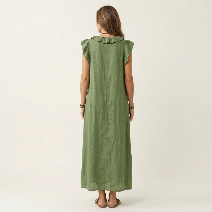 Vestido largo de lino con escote en V y volantes