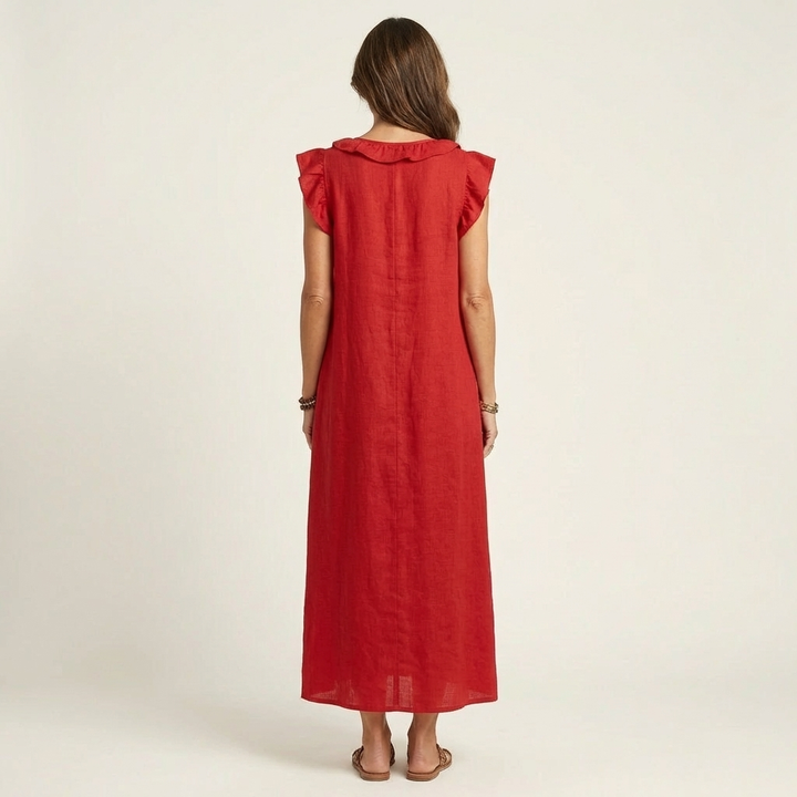 Vestido largo de lino con escote en V y volantes