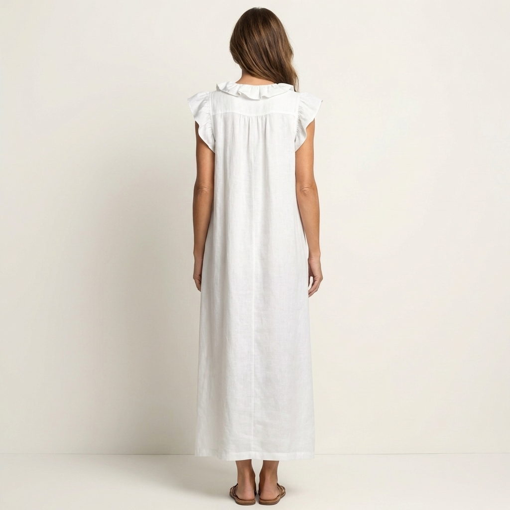 Vestido largo de lino con escote en V y volantes