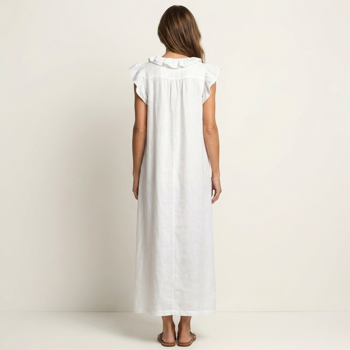 Vestido largo de lino con escote en V y volantes