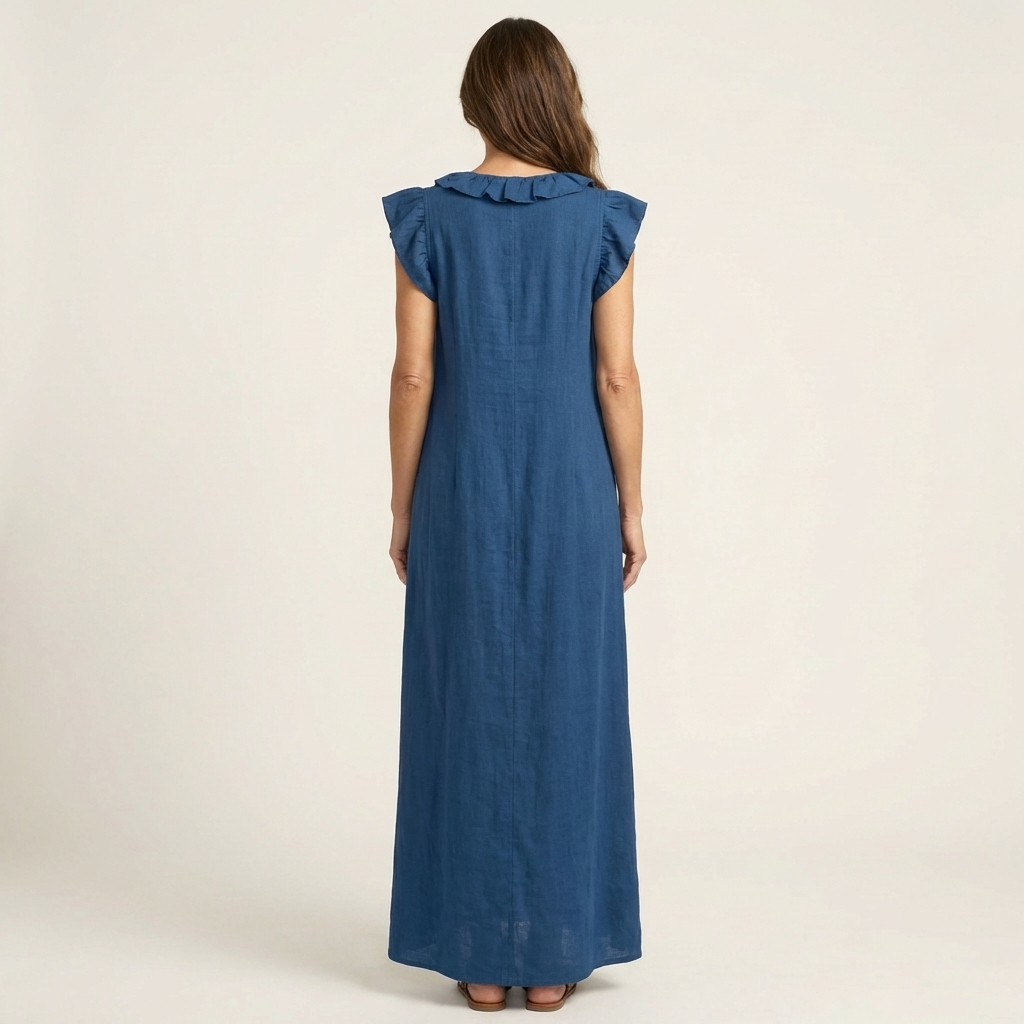 Vestido largo de lino con escote en V y volantes