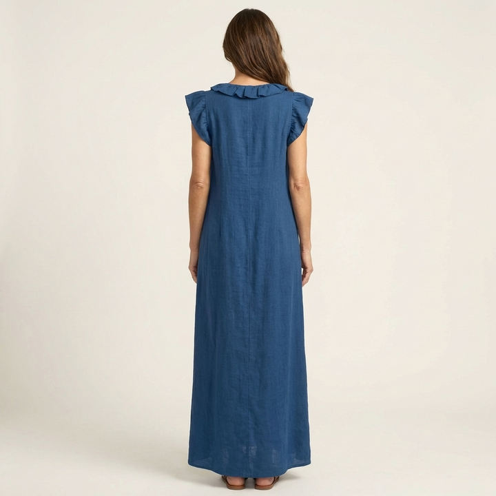 Vestido largo de lino con escote en V y volantes