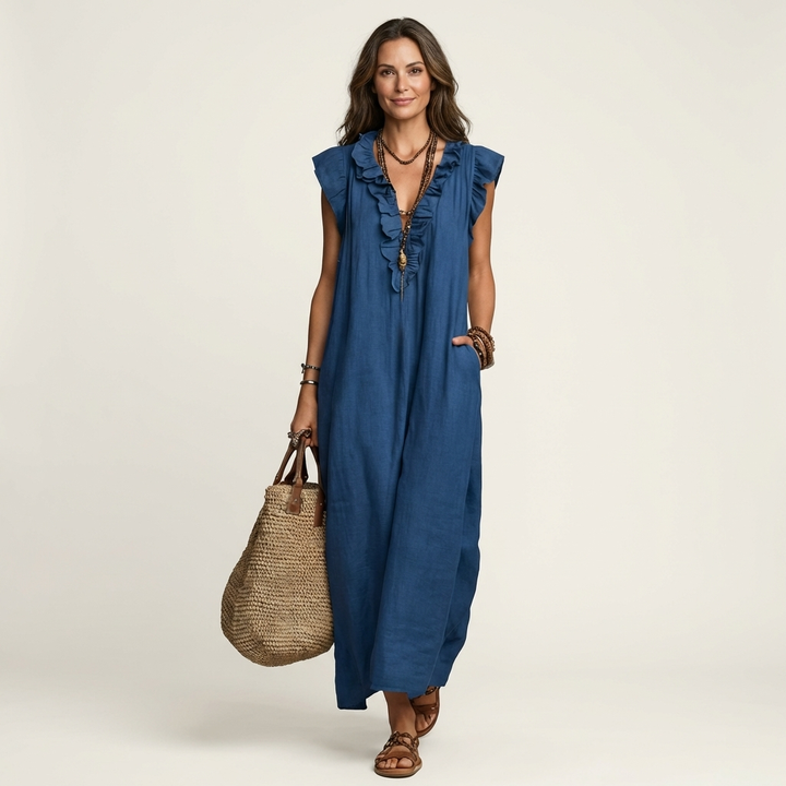 Vestido largo de lino con escote en V y volantes