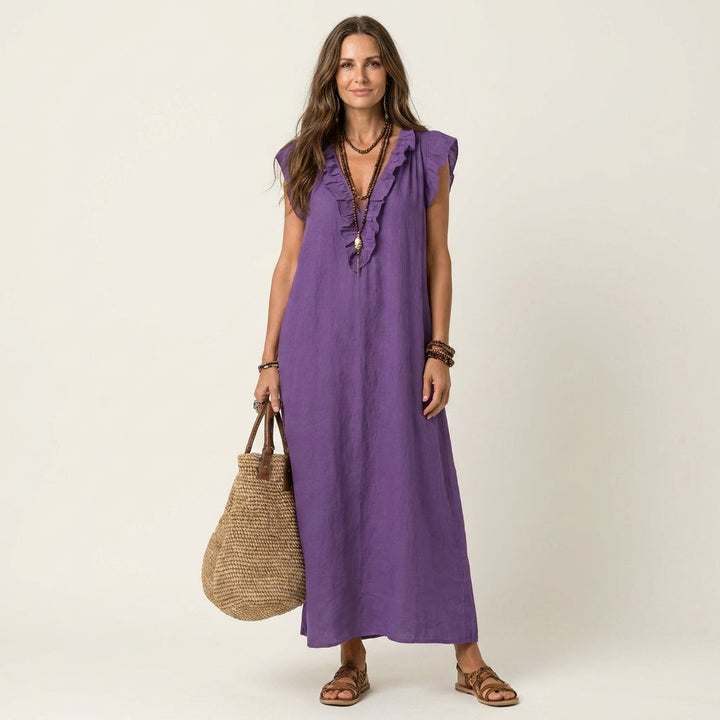 Vestido largo de lino con escote en V y volantes