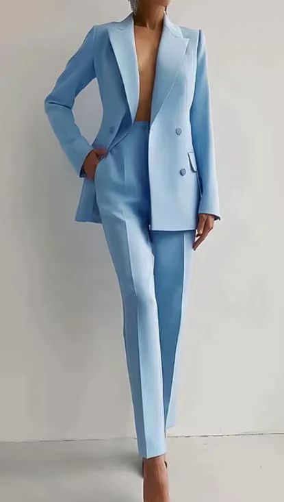 Double Breasted Slim Pants Suit Set
