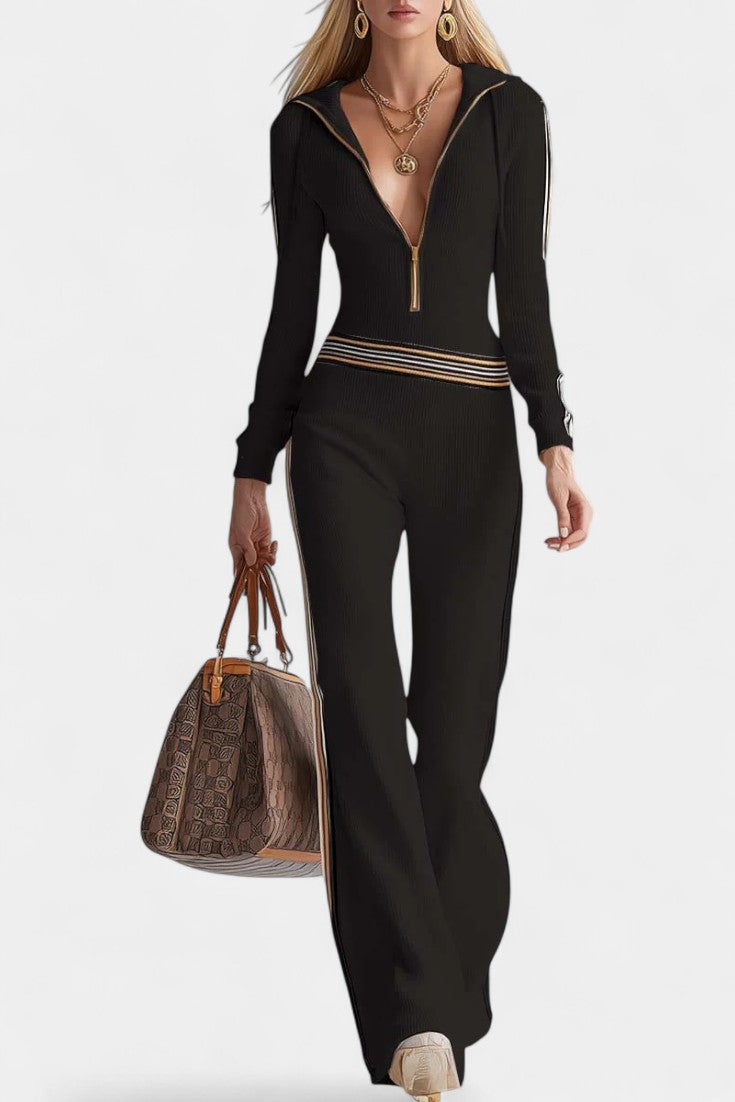 Angélise | Contrast Striped Hooded Knit Jumpsuit