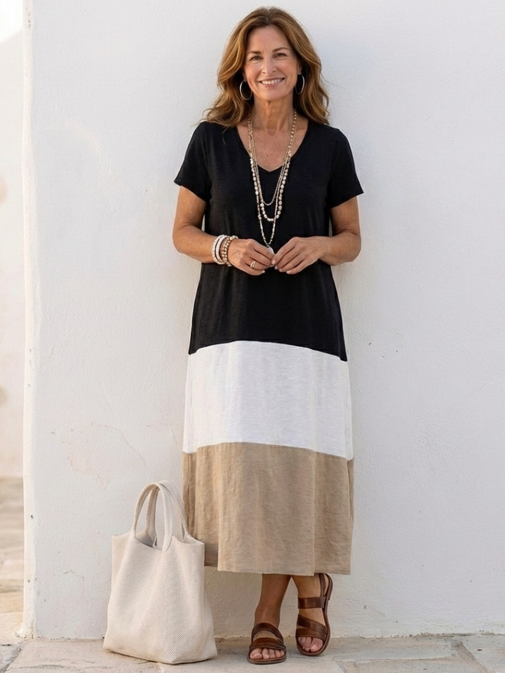 Color Block V-Neck Midi Dress