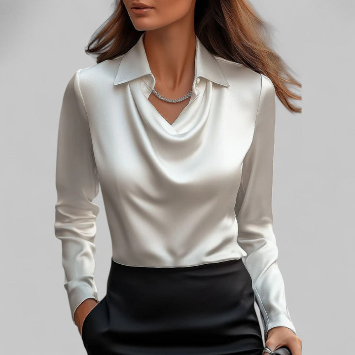 Satin Blouse with Draped Neckline and Long Sleeves