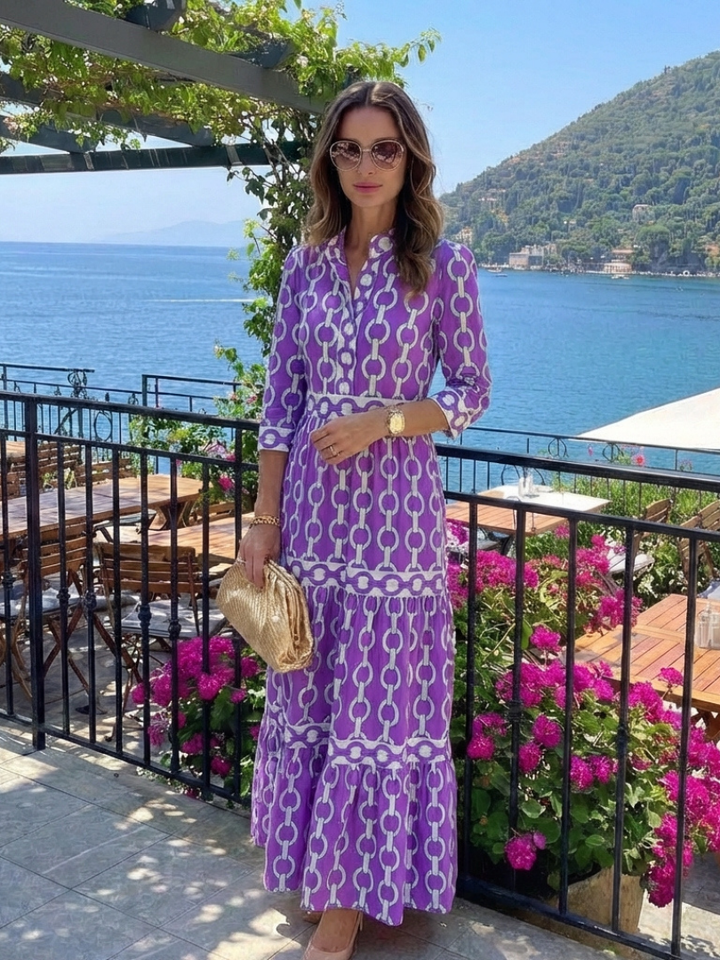 Chain Print Sleeve Midi Dress