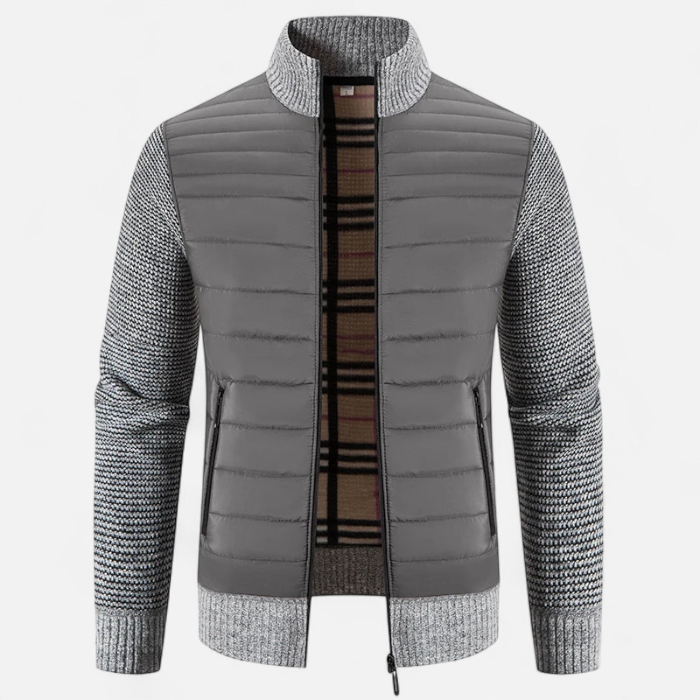 Giacca da uomo in pile con collo alto e motivo patchwork