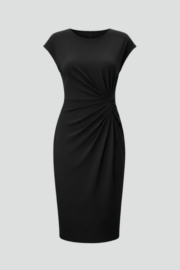 Vestido corto con cuello redondo y cintura fruncida